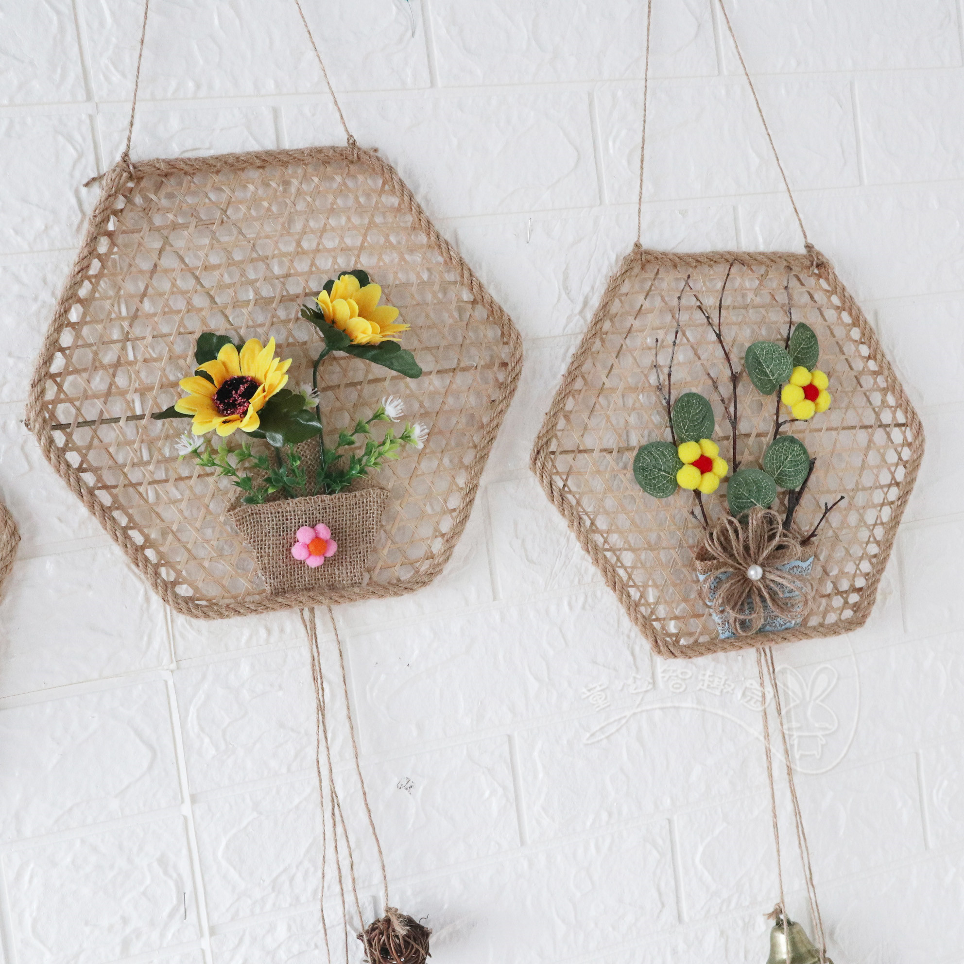 竹网挂饰幼儿园环创装饰材料森林系田园风创意手工麻绳竹制品吊饰