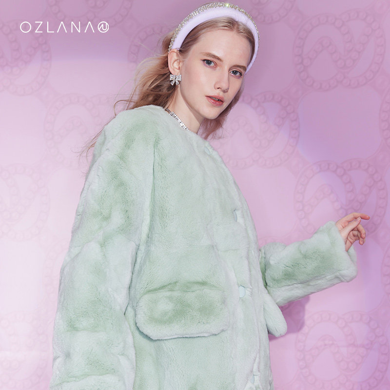 ozlana圆领兔毛皮草外套2022冬季新款甜美皮毛皮草