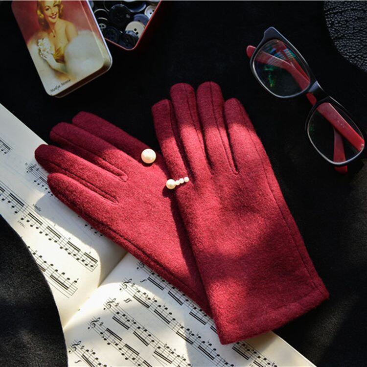 手套韩国加厚触屏保暖戒指双层加寒冬防珍珠手套