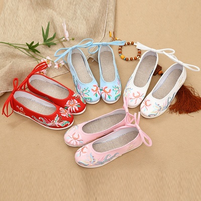 成人汉服子女古装鞋子女鞋绣花鞋布鞋平底红色古鞋女儿童女童民族服装