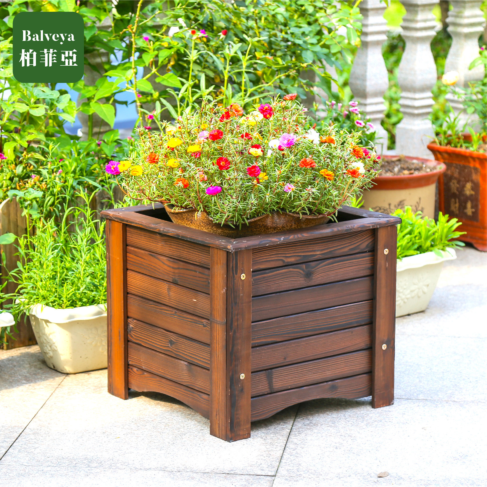 防腐木花箱正方形户外庭院阳台种菜箱碳化实木种植箱特大号种树盆