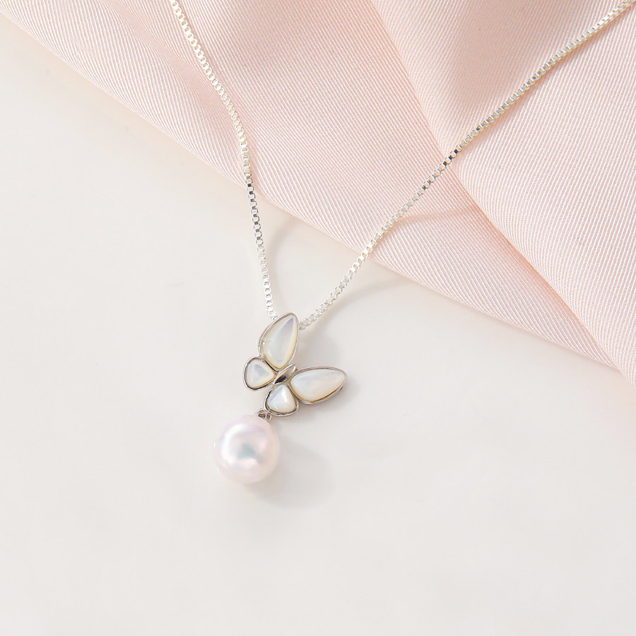 时尚简约天然贝母蝴蝶纯银吊坠圆形爱迪生淡水珍珠项链