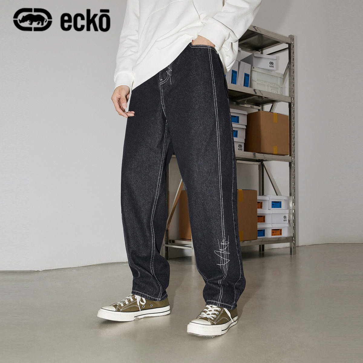 ecko犀牛潮牌2022春季新款深色复古撞色辑明线休闲直筒牛仔长裤男