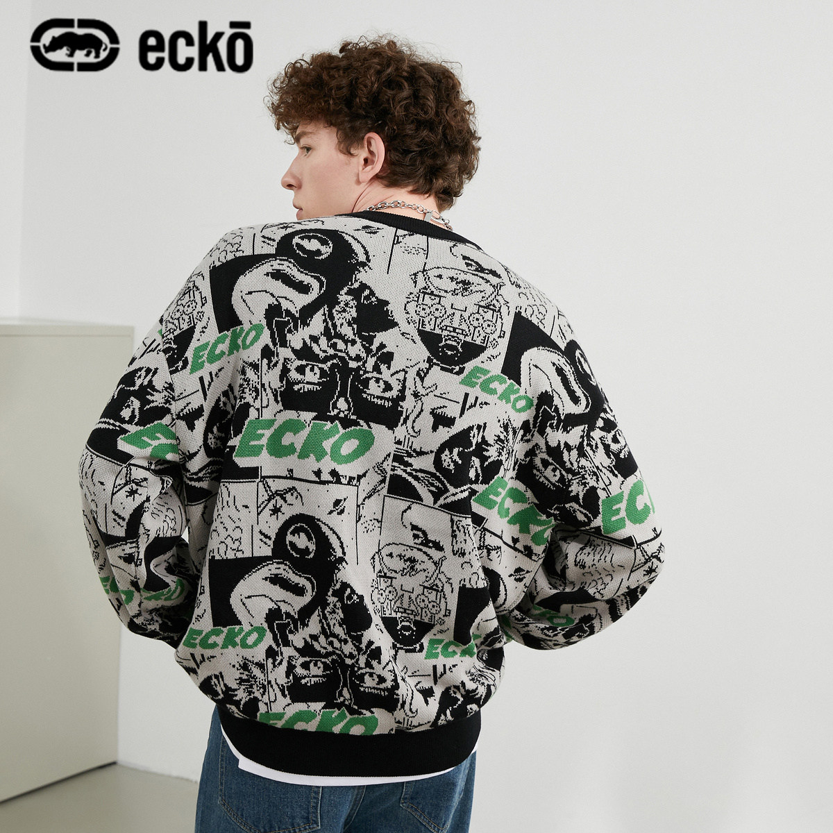 ecko犀牛潮牌2022春季新款个性撞色logo卡通针织衫