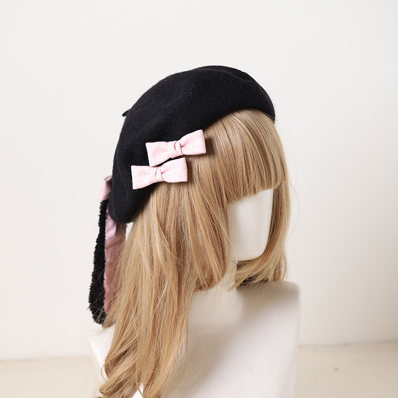 lolita垂耳兔帽萌日本烧饼羊毛贝雷帽蓓蕾画家洋装帽子