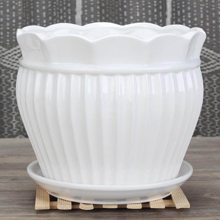 白色特大号陶瓷花盆托盘有孔桌面阳台简约个性花盆