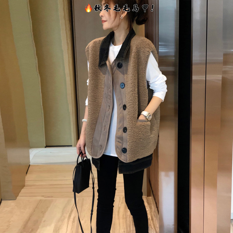 棕色羊羔毛马甲女韩版气质毛绒马夹外套欧货潮秋2021年新款欧洲站