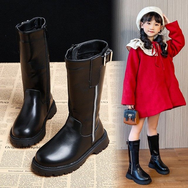 512岁皮鞋黑色小学生中筒女童中大冬季新款2020皮靴