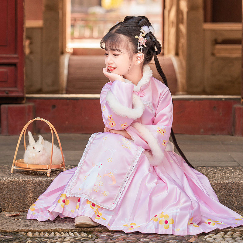 儿童汉服女童过年拜年喜庆衣服唐装加绒加厚中国风小女孩古装冬装
