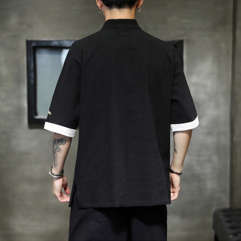 夏季宽松对襟中袖衬衣半袖国风中国唐装中式衬衫