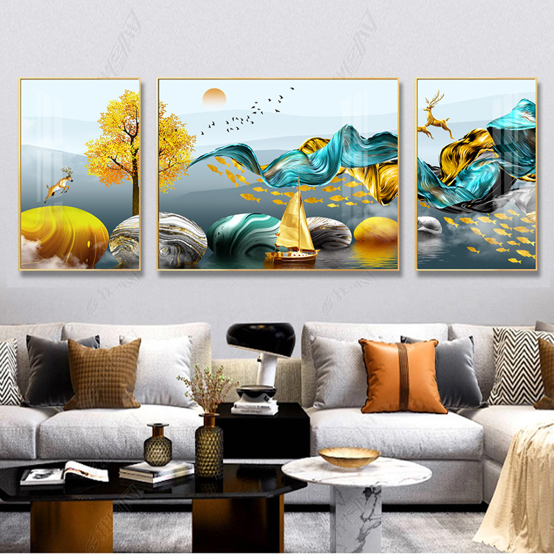 现代简约客厅装饰画沙发背景墙挂画麋鹿大气三联壁画现代装饰画