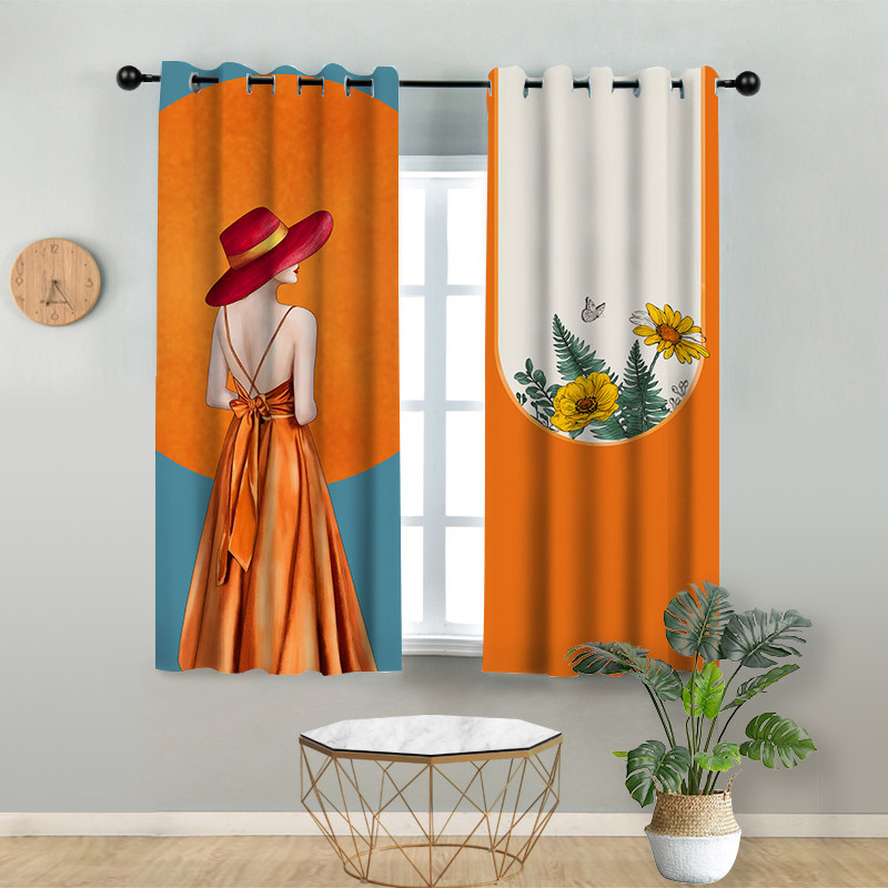 北欧简约ins高档橙色遮光窗帘现代轻奢少女定制窗帘