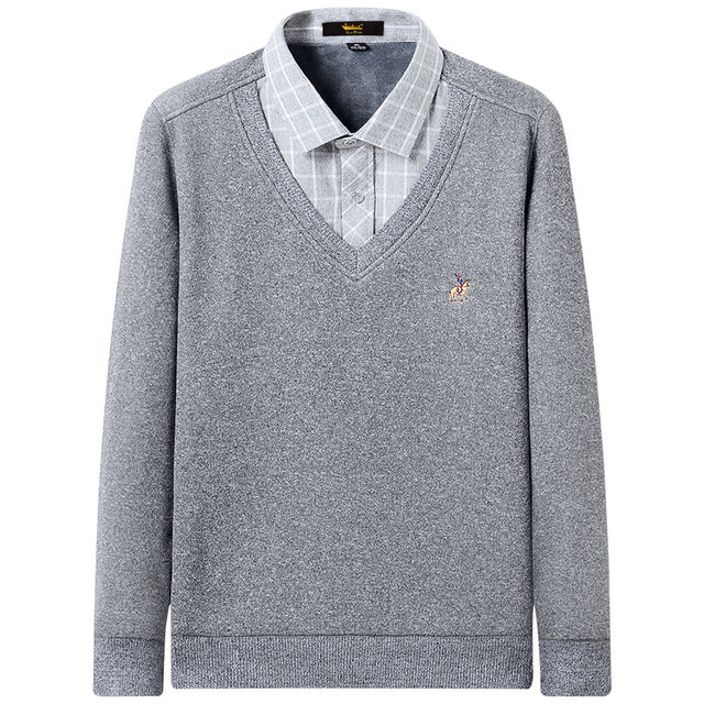 KIN DON/Golden Shield warm shirt men's fake two-piece pullover sweater winter thick shirt plus cashmere men's clothing KIN DON/Golden Shield warm shirt men's fake two-piece pullover sweater winter thick shirt plus cashmere men's clothing