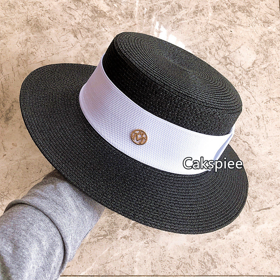 法国cakspiee夏季新品平顶黑色草帽时尚遮阳防晒帽子