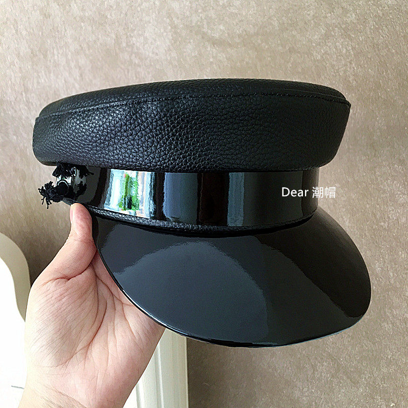 法国ckaspiee欧美女警街头帅气黑色皮质平顶海军帽帽子