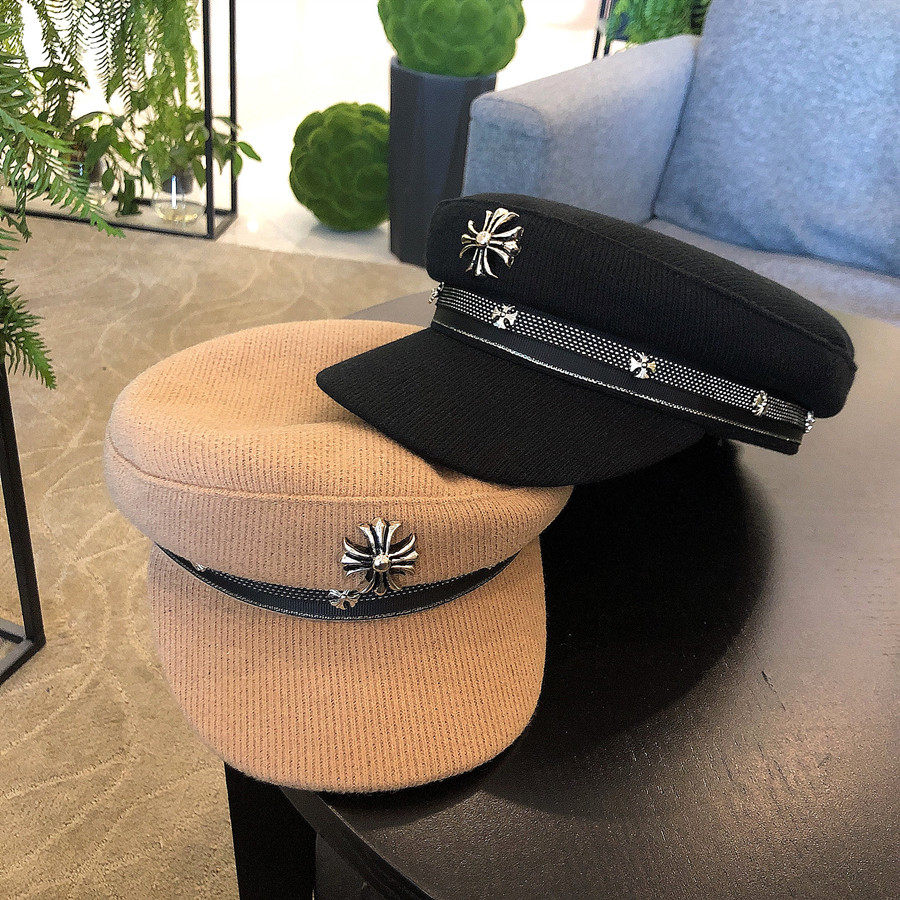 法国ckaspiee秋冬新品羊毛毛呢十字架平顶海军帽复古帽子