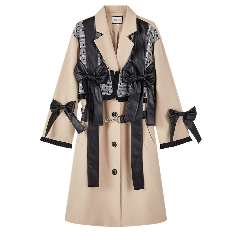 t9355新款欧版宽松英伦风卡其色风衣蝴蝶结两件拼接风衣