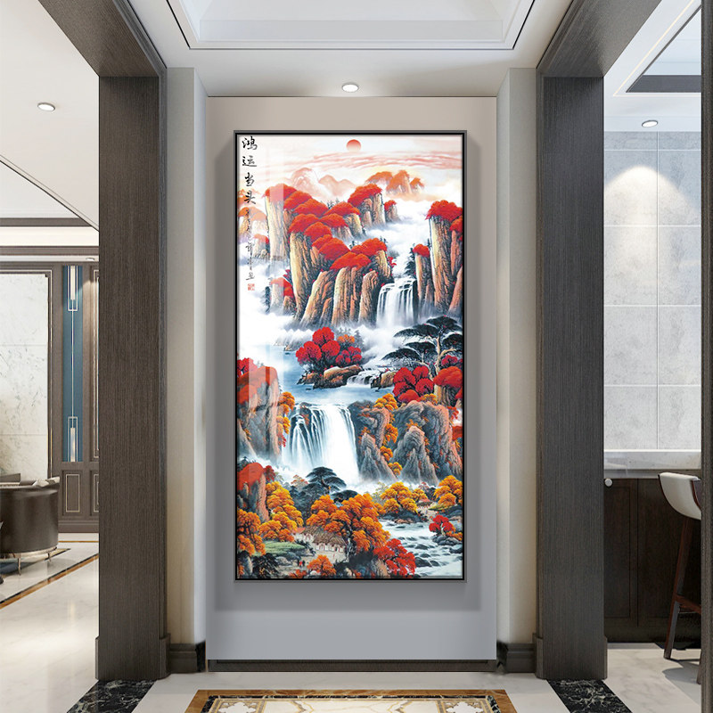 鸿运当头玄关镶钻瓷画挂画竖版装饰画入户国画中式国画