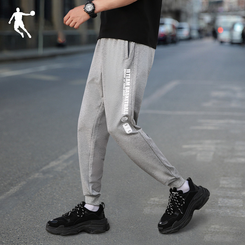 乔丹运动裤男裤2021冬季新款束脚长裤工装裤休闲弹力黑色小脚卫裤