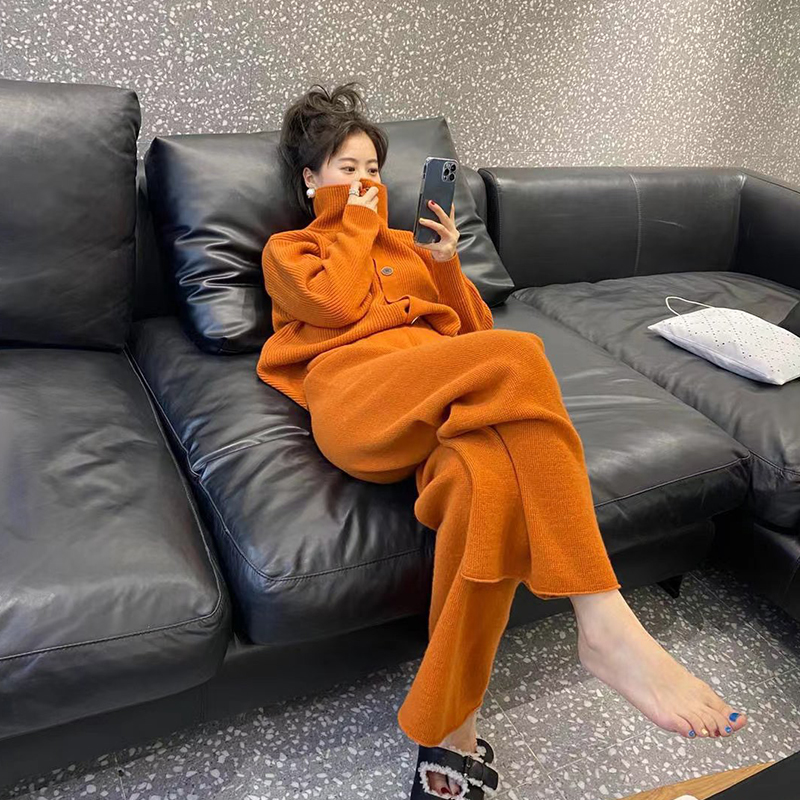 秋装2022年新款网红炸街女神范小香风针织毛衣阔腿裤两件套装洋气