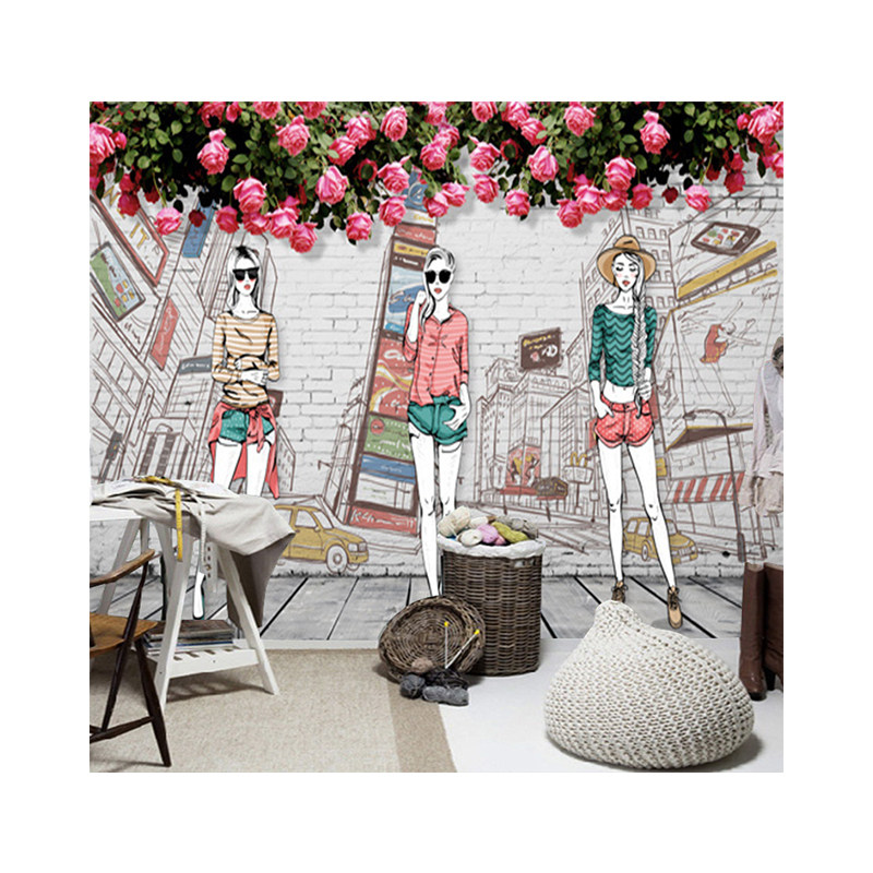 手绘时尚个性服装墙纸女装服装店背景墙壁纸时装店无纺布墙纸