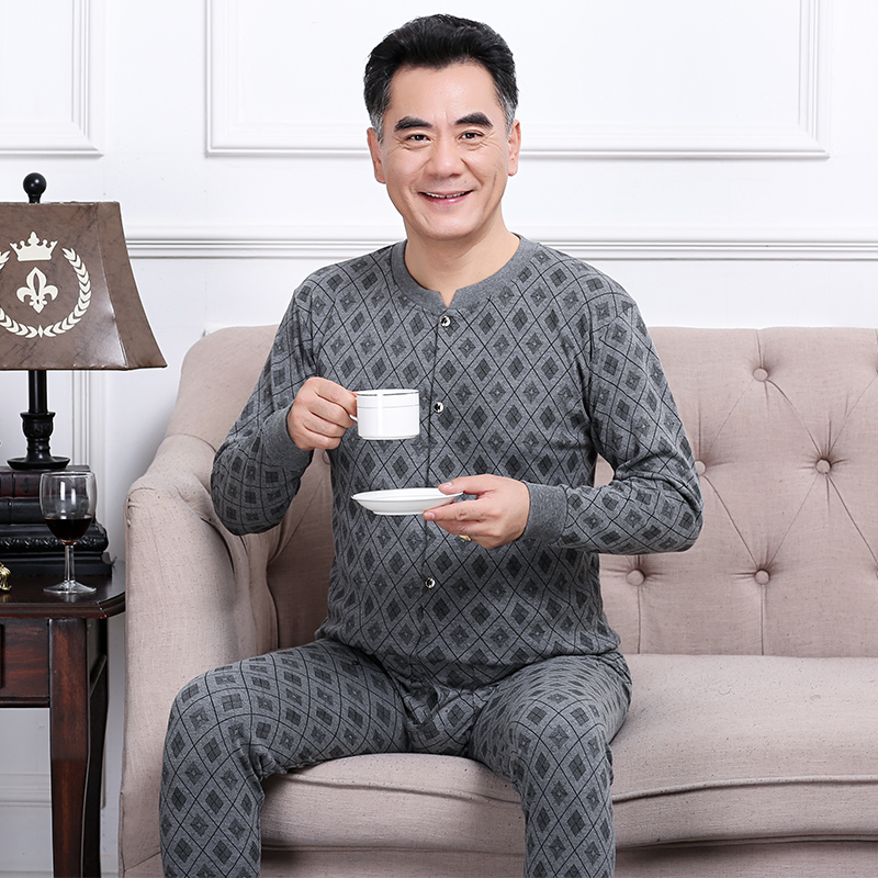 秋冬中老年人开衫套装男纯棉秋衣