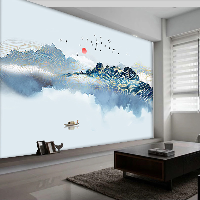 抽象立体新中式水墨山水电视背景墙壁纸客厅墙纸壁画墙布无缝写意