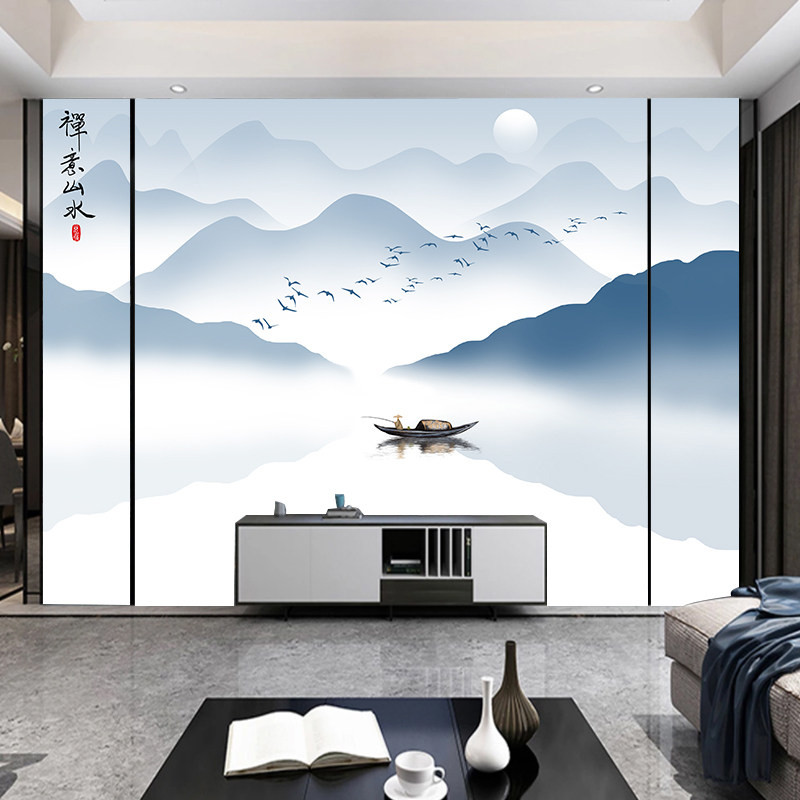 抽象立体新中式水墨山水电视背景墙壁纸客厅墙纸壁画墙布无缝写意