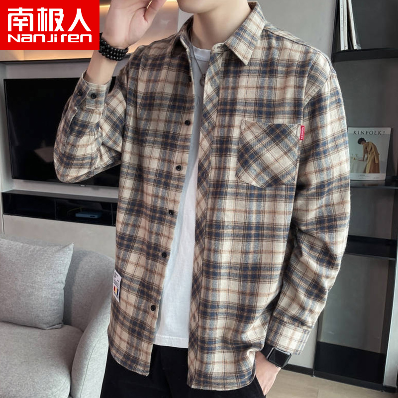 南极人2021秋季新款潮流格子衬衫男港风长袖外套男士青年简约上衣