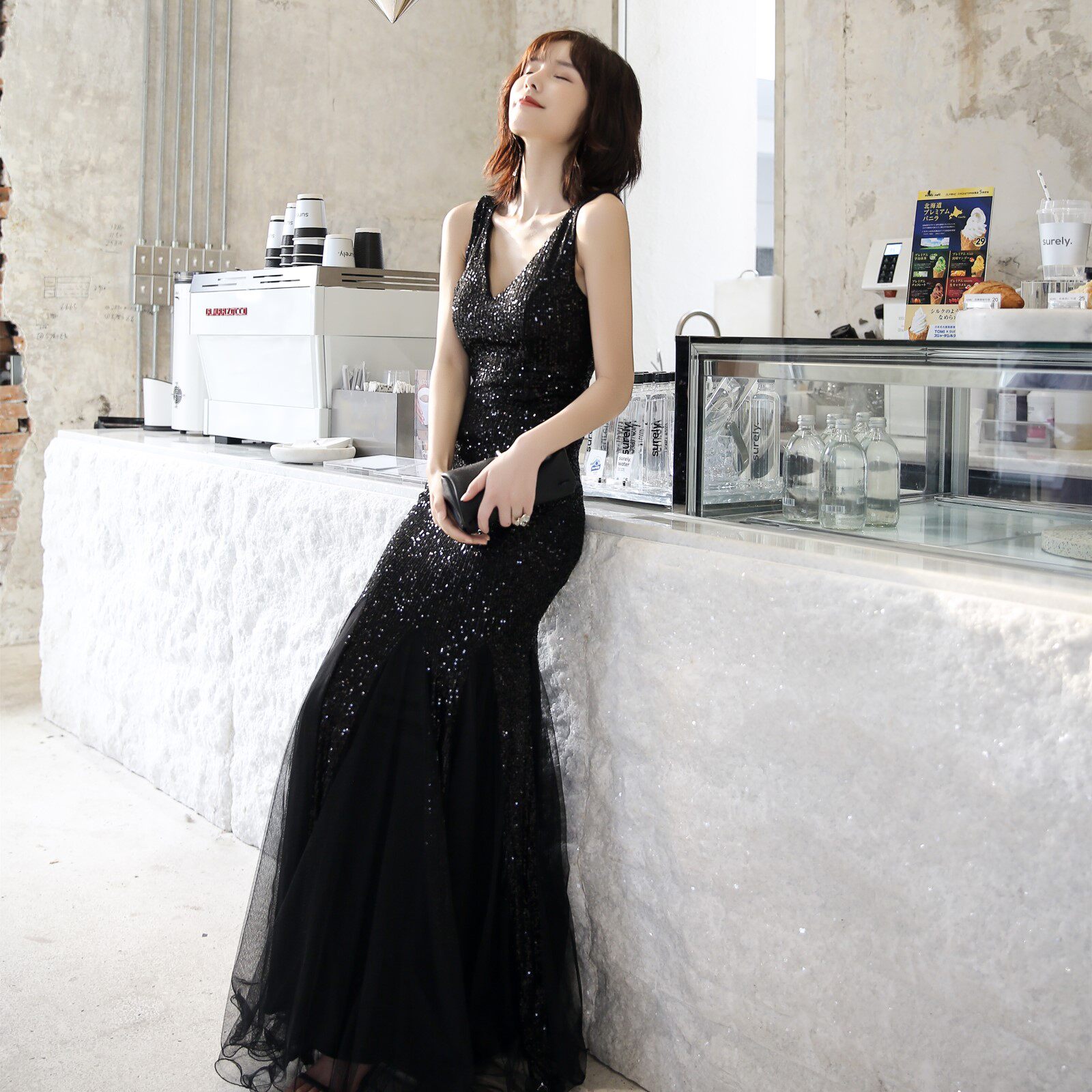 黑色婚纱晚礼服女新款宴会高贵气质优雅年会长款深v鱼尾亮片性感