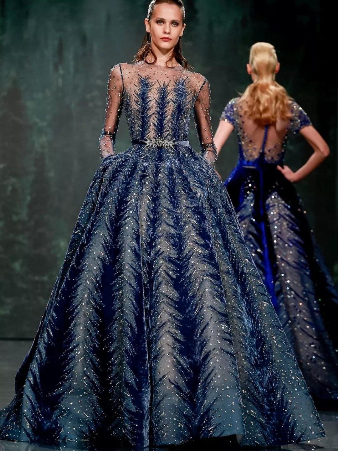 高端女王气场长袖2021新款大码晚礼服丝绒裙摆礼服