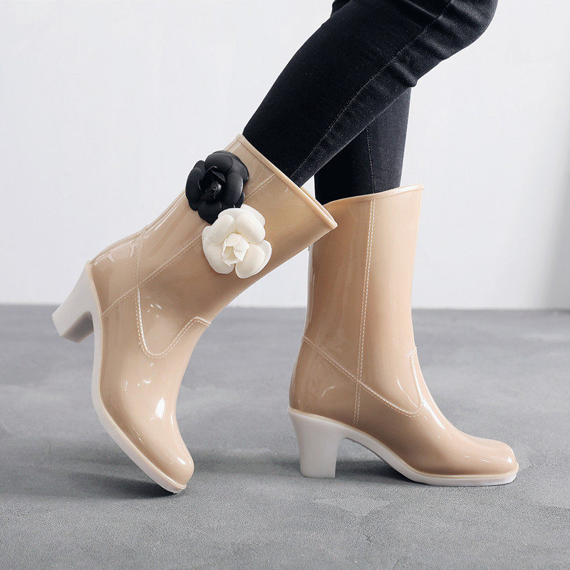 韩版雨鞋女士春秋新款茶花花时尚中筒雨靴成人雨鞋