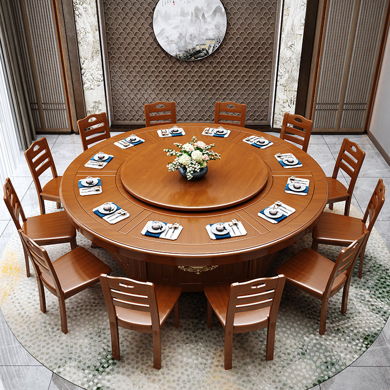 酒店新中式包厢饭店餐厅中式餐桌实木火锅旋转餐桌