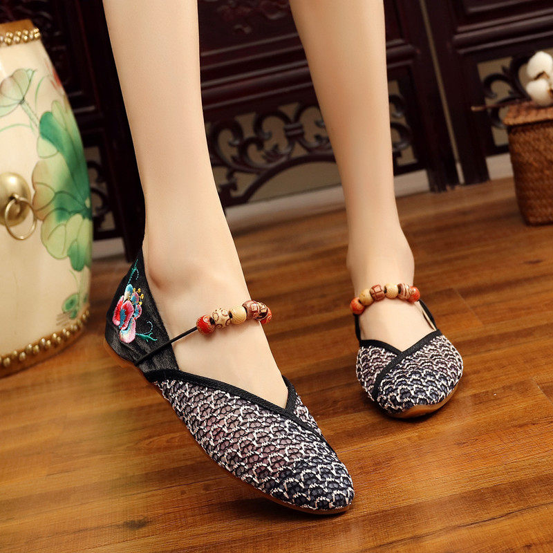 春秋新款民族风汉服鞋女中式单鞋水墨刺绣牡丹布鞋