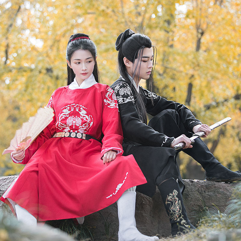 柒邑春秋cp男女古装刺绣圆领汉服女国风中国民族服装