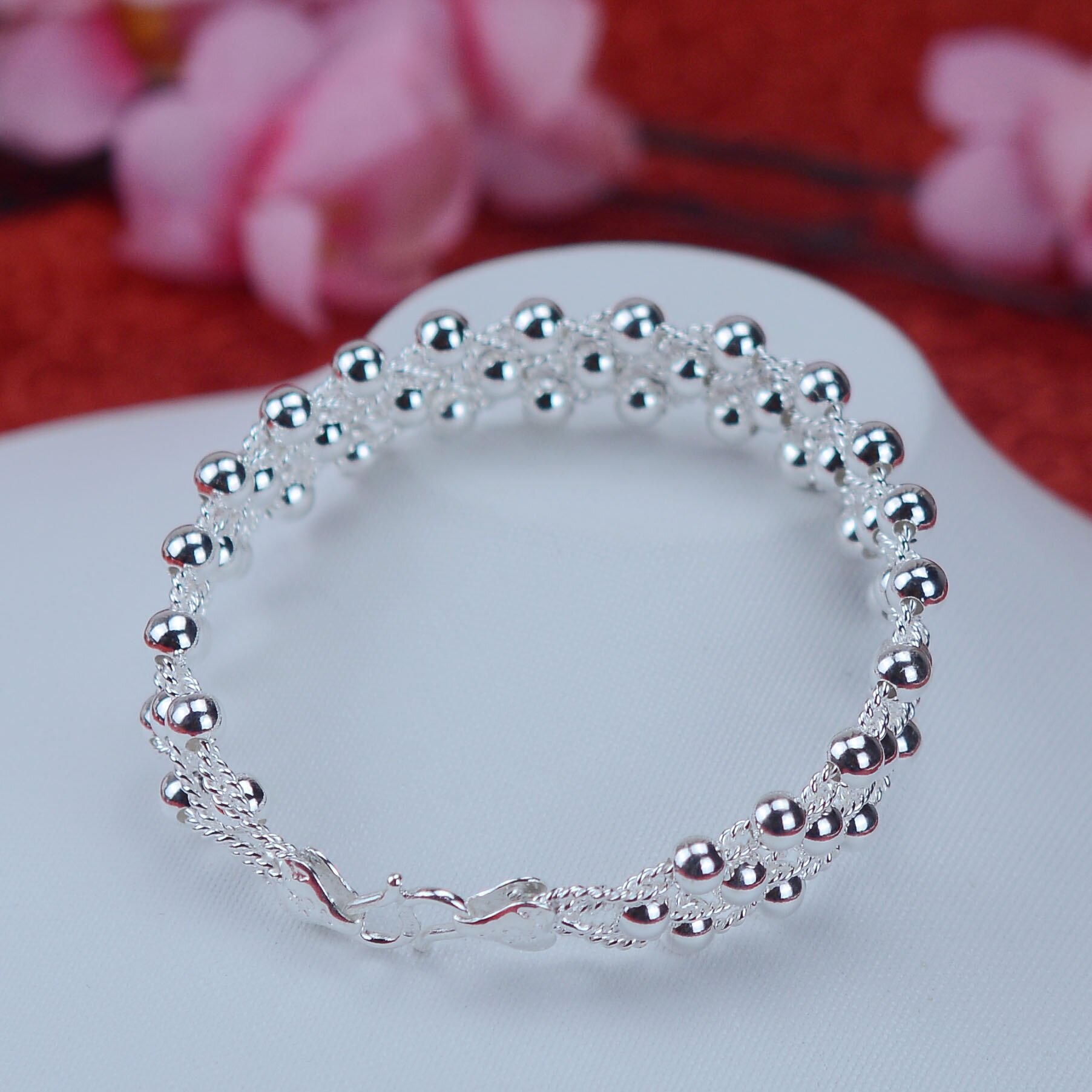 手镯新款精选足银3层串珠大人网状特色潮流手镯