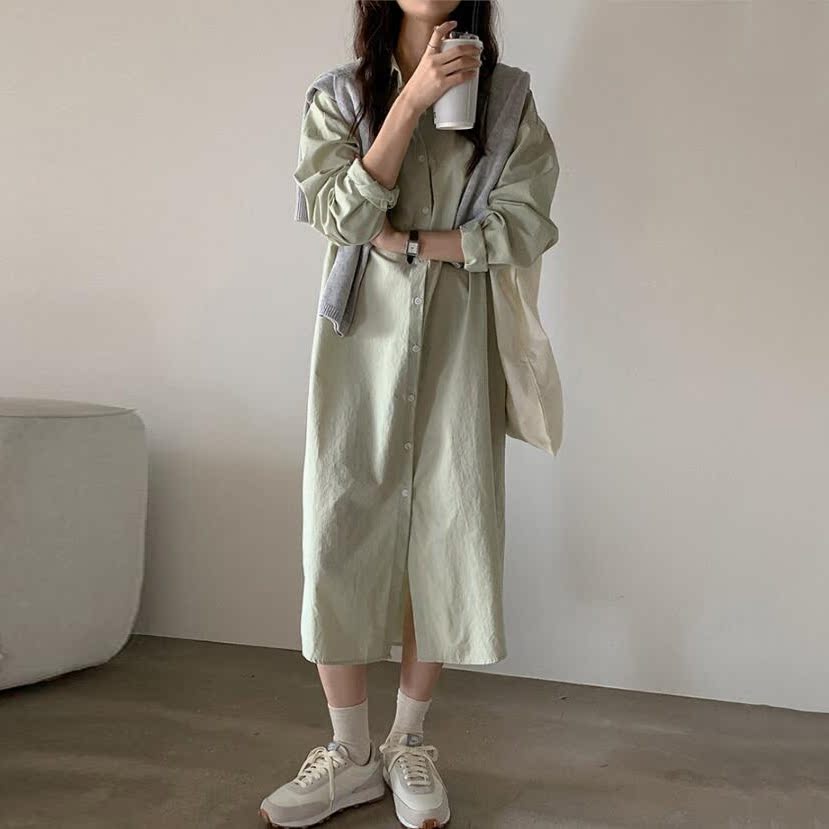 现韩国女装东大门代购长袖衬衫裙女春秋新款2021年休闲长款连衣裙