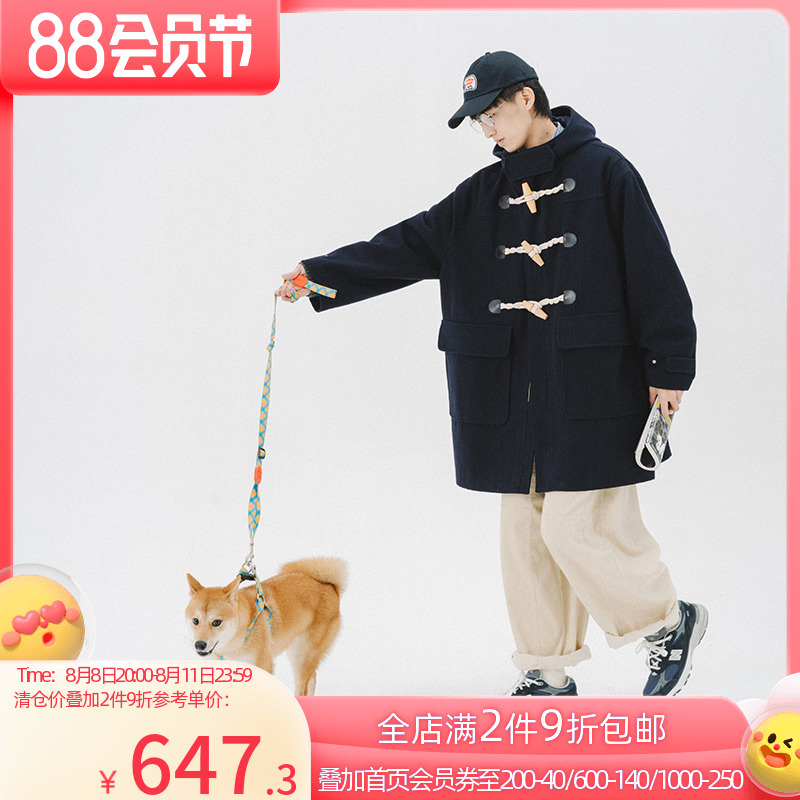 NOTHOMMEblue蓝岐日系情侣男女牛角扣中长CLUEL日杂款连帽呢大衣