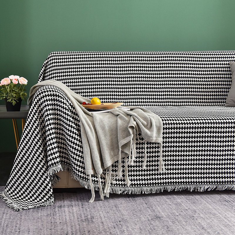 沙发懒人双面发布发套罩全包万能盖布黑白千鸟格沙发套