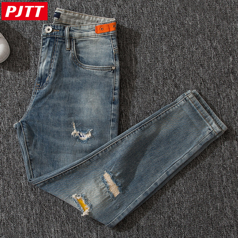 2021潮牌浅色破洞九分牛仔裤男秋季修身小脚裤百搭潮流9分乞丐裤