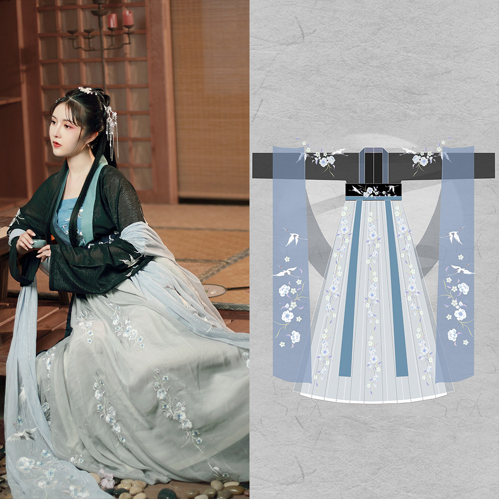 汉服飞羽原创仙鹤花朵绣花齐腰对襟襦裙套装汉服