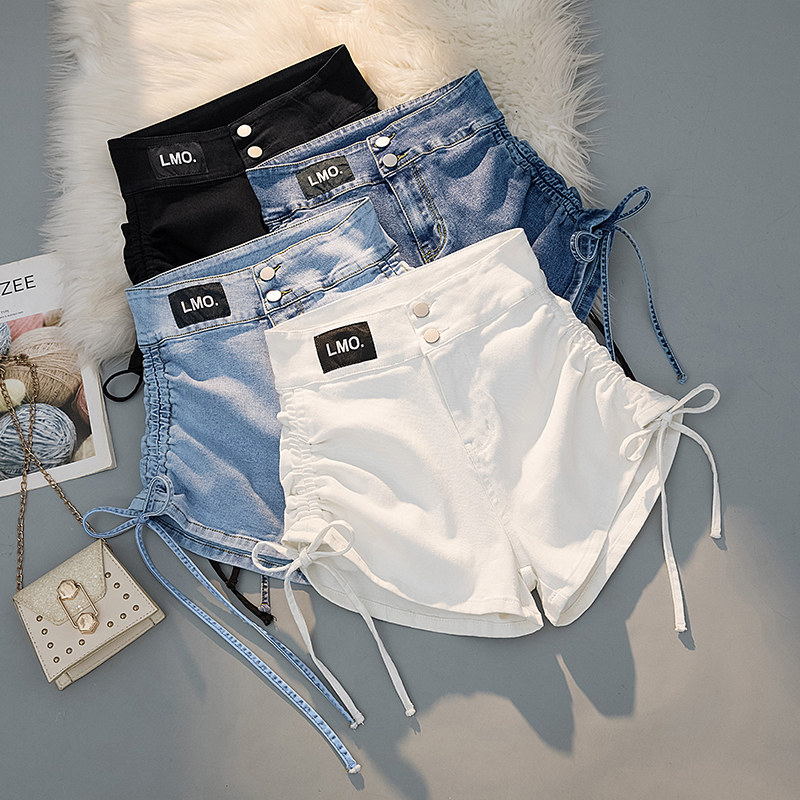 牛仔短裤女2022夏新款高腰小众设计感抽绳薄款弹力甜辣妹热裤阔腿
