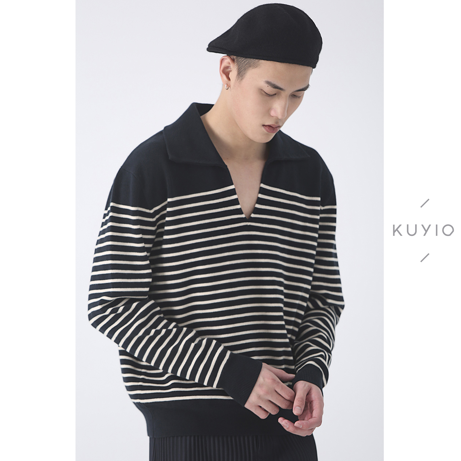 KUYIOU/设计师款 法式翻驳领撞色细条纹纯棉套头针织海魂衫卫衣男