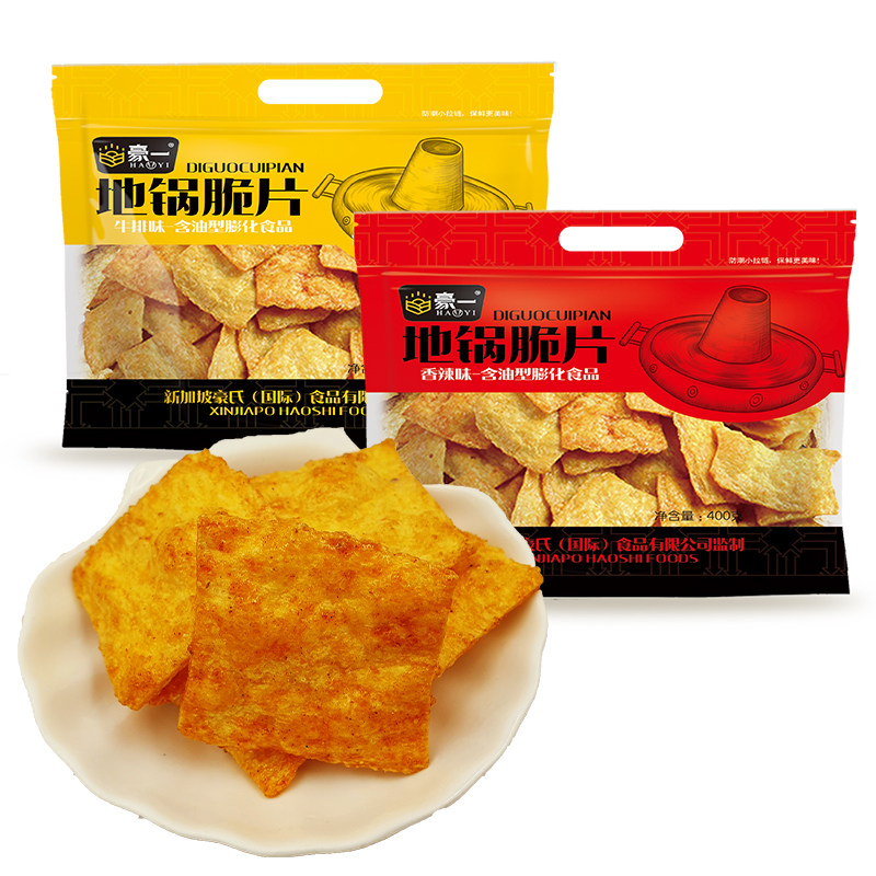 豪一一地锅脆片400gx2牛排味香辣味特产薄脆锅巴膨化食品