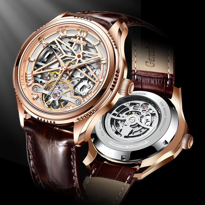 腕表美国lige手表男士潮流商务双面镂空机械国产腕表