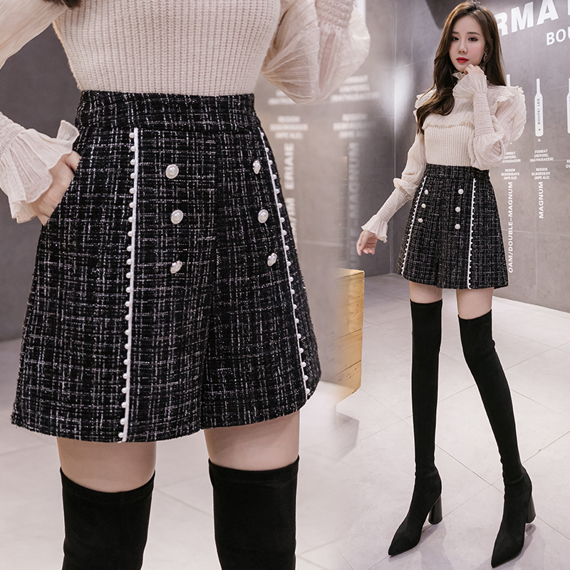 2021秋冬新款时尚口袋毛呢阔腿短裤女宽松外穿A字靴裤高腰休闲裤