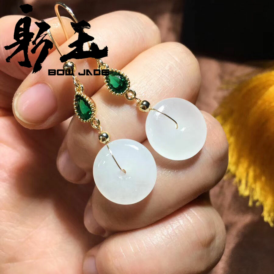 躬玉天然和田羊脂白玉平安扣18k耳环女款耳饰颈饰