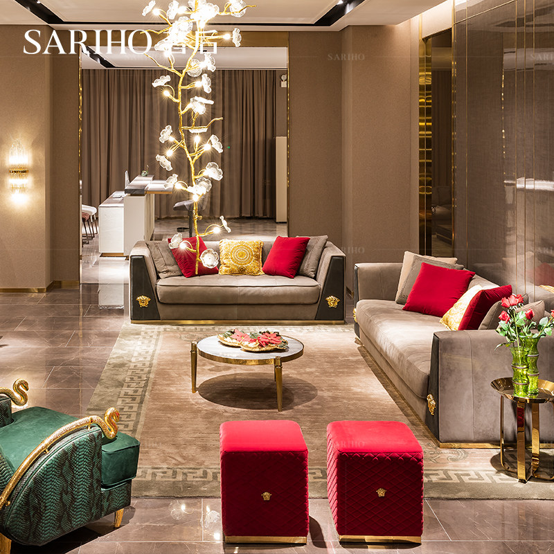 放心好店奢后进口黑灰色versace牛皮沙发