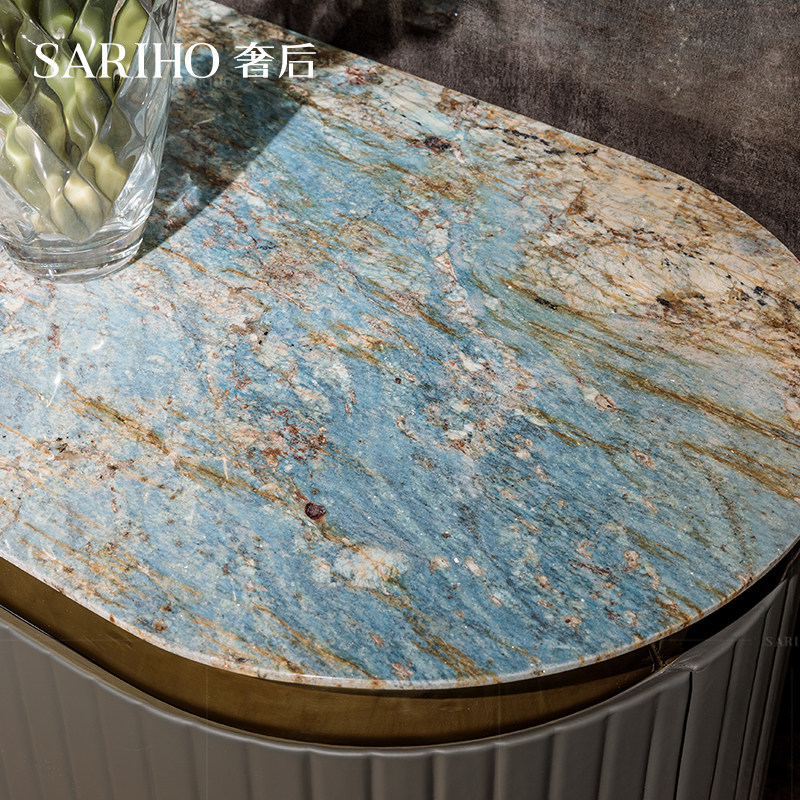 奢后新款意大利真牛牛皮圆弧弧形大理石台面电视柜电视柜