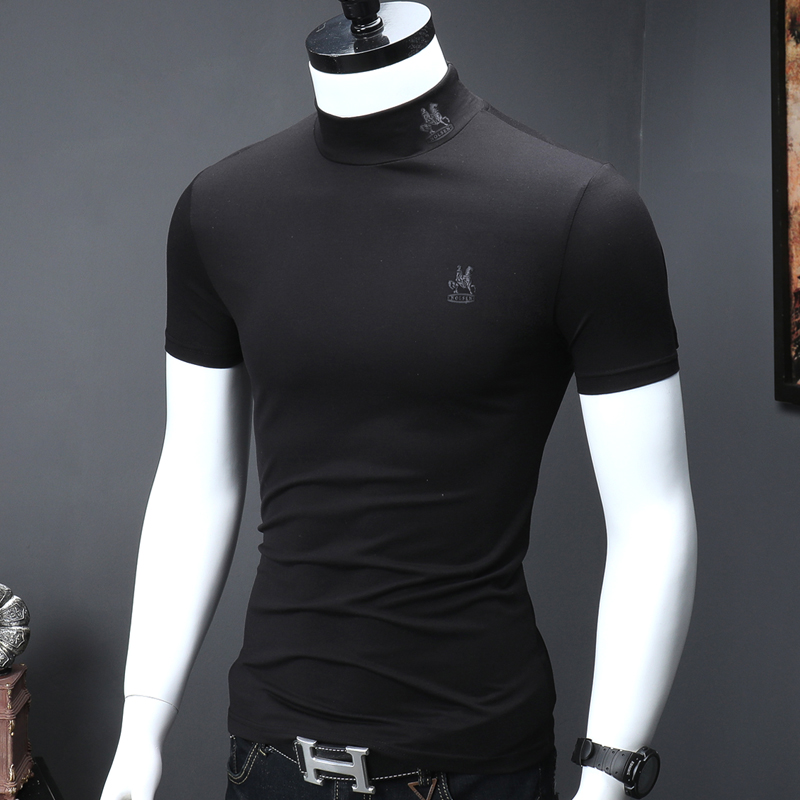 5cm半高领短袖男韩版修身INS春夏纯棉打底衫中领半袖超火t恤潮流